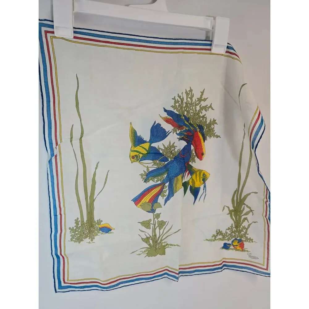 Gucci Scarf Fish Print Silk Square Bandana 18 x 18